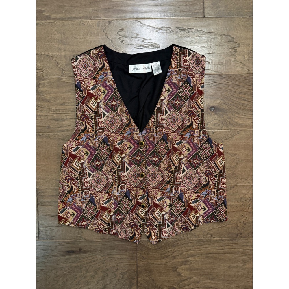 Vintage Baxter Wells Tapestry Vest Geometric‎ Earth Tones Boho 90s Small